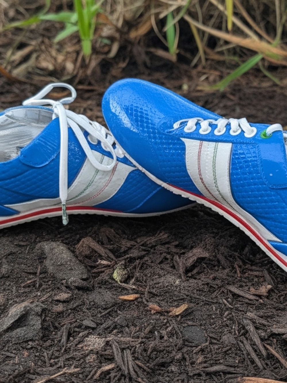 Hugo Boss Blue Patent Lace-Up Sneakers with White Stripes and Red Trim